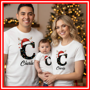 Familien-Weihnachts-Geweih-Santa-Hut mit Monogramm T-Shirt