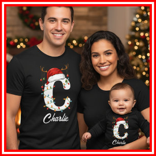 Familien-Weihnachts-Geweih-Santa-Hut mit Monogramm T-Shirt