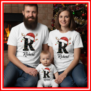 Familien-Weihnachts-Geweih-Santa-Hut mit Monogramm T-Shirt