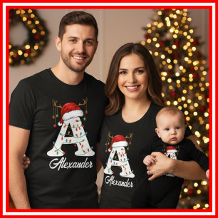 Familien-Weihnachts-Geweih-Santa-Hut mit Monogramm T-Shirt