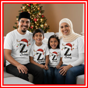 Familien-Weihnachts-Geweih-Santa-Hut mit Monogramm T-Shirt