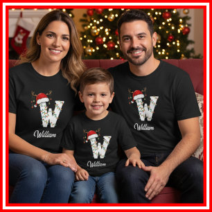 Familien-Weihnachts-Geweih-Santa-Hut mit Monogramm T-Shirt