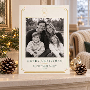 Familien-Weihnachtsfoto Elfenbein & Gold Monogra Feiertagskarte