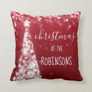 Familien-Weihnachtsfunkelndes Baum-Silber u. Rot Kissen