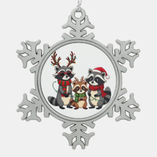 Familien-Weihnachtswaschbären mit Santa-Hut  Schneeflocken Zinn-Ornament