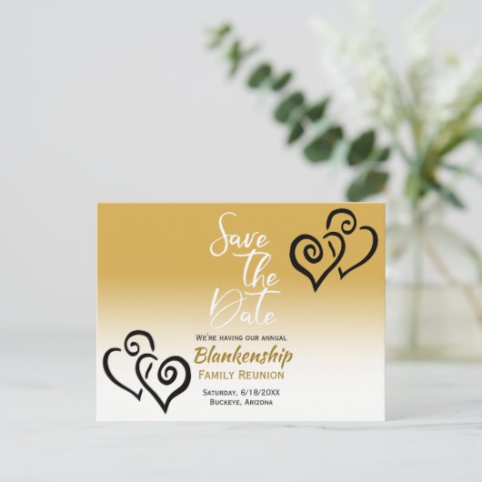 Familien-Wiedersehen Save the Date Black Linked He Ankündigungspostkarte (Stehend Vorderseite)