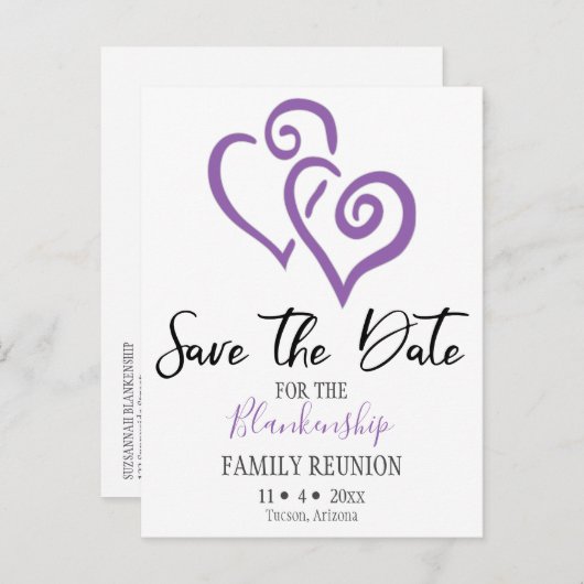 Familien-Wiedersehen Save the Date Lila gebundene Ankündigungspostkarte (Vorne/Hinten)