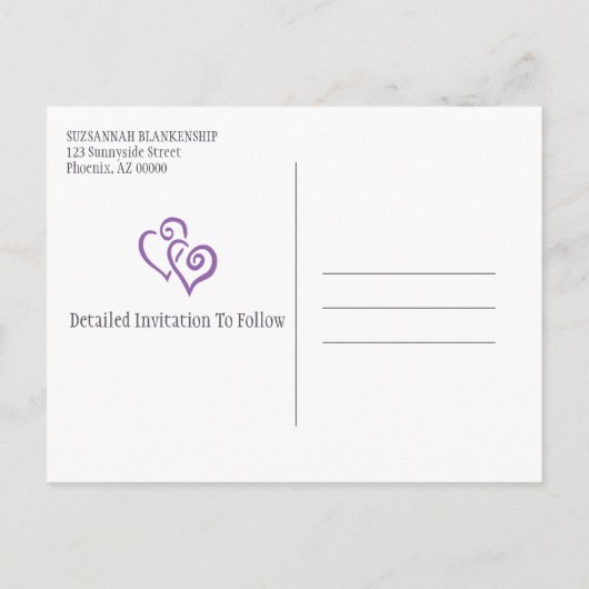 Familien-Wiedersehen Save the Date Lila gebundene Ankündigungspostkarte (Rückseite)