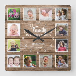Familienangebot 12 FotoCollage recleted Wood Quadratische Wanduhr