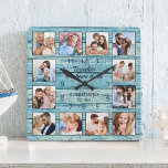 Familienangebot Foto Collage Rustic Blue Wood Quadratische Wanduhr<br><div class="desc">Kreieren Sie einfach Ihre eigene personalisierte, blaue, rustikale Trittholzplanken im Stil eines Seehauses mit Wanduhr mit Ihren individuellen Fotos. Das Design enthält auch ein schönes, handgeschriebenes Skriptziffer: "Gemeinsam haben wir alles". Um die besten Ergebnisse zu erzielen, schneiden Sie die Bilder vor dem Hochladen auf Quadrat - mit dem Fokuspunkt in...</div>