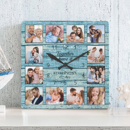 Familienangebot Foto Collage Rustic Blue Wood Quadratische Wanduhr