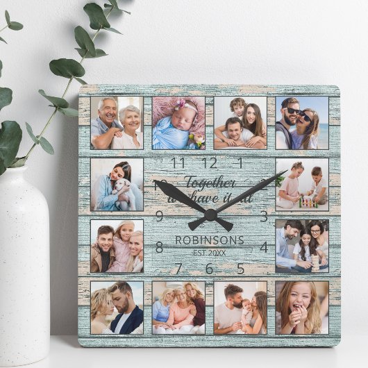 Familienangebot Foto Collage Rustic Blue Wood Quadratische Wanduhr