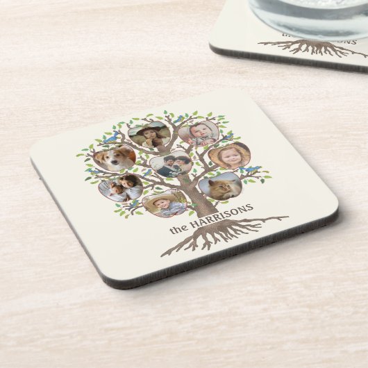 Familienbaum Foto Collage 8 Bilder Name Lt Beige Getränkeuntersetzer (Linke Seite)