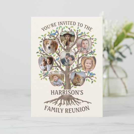 Familienbaum Wiedersehen Tree Zusammentreffen 8 Fo Einladung (Stehend Vorderseite)