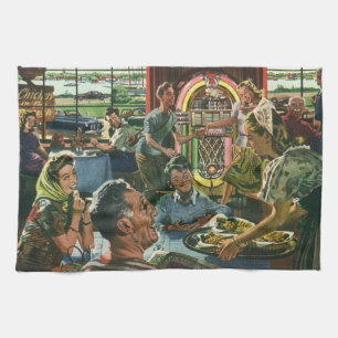 Familienessen im Retro-Diner mit einer Jukebox Geschirrtuch