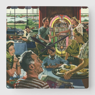 Familienessen im Retro-Diner mit Musikbox Quadratische Wanduhr