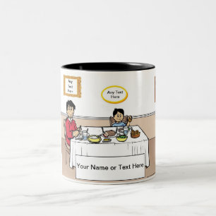 Familienessen, Single Vater, 1 Junge Cartoon Zweifarbige Tasse