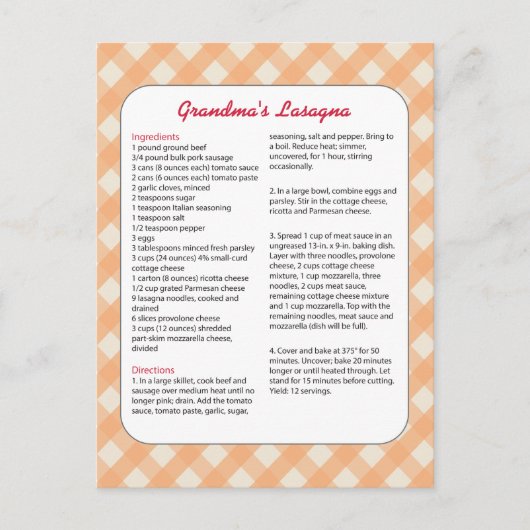 Familienfavorit Rezept Retro - Lasagna Postkarte (Vorderseite)