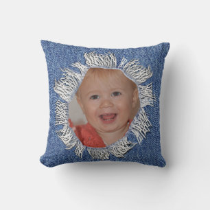 Familienfoto auf einem Denim-Kissen Kissen