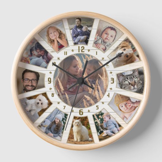 Familienfoto Collage 13 Bauernhof Lt Wood Custom Uhr (Vorderseite)