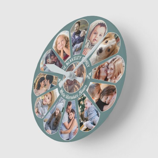 Familienfoto Collage 13 Benutzerdefinierte Blume A Runde Wanduhr (Winkel)
