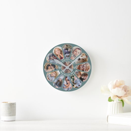 Familienfoto Collage 13 Benutzerdefinierte Blume A Runde Wanduhr (Zuhause)