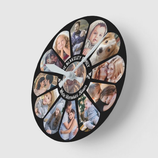 Familienfoto Collage 13 Benutzerdefinierte Blume F Runde Wanduhr (Winkel)