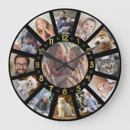 Familienfoto Collage 13 Bilder Gold Zahlen Schwarz Große Wanduhr