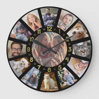 Familienfoto Collage 13 Bilder Gold Zahlen Schwarz Große Wanduhr