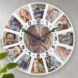 Familienfoto Collage 13 Bilder mit Zahlen leicht Große Wanduhr<br><div class="desc">Diese coole Collage Uhr zeigt 13 beliebte Familienfotos in kreisförmiger Form, mit einem Foto in der Mitte und 12 um sie herum, zeitgleich mit den Uhrzeiten. Jedes Foto wird durch einen weißen Rand getrennt (Sie können die weiße "Hintergrund"-Farbe unter "Weitere Anpassung" ändern) Das Design enthält fette Zahlen in schwarz mit...</div>