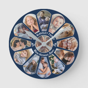 Familienfoto Collage 13 Custom Blume Shape Blue Runde Wanduhr