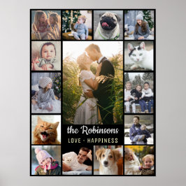 Familienfoto Collage 15 Bilder + Name Schwarz Easy Poster
