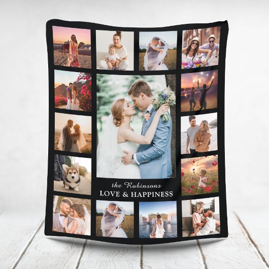 Familienfoto Collage 15 Bilder + Name Schwarz Fleecedecke