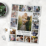 Familienfoto Collage 15 Bilder   Name White Easy Puzzle<br><div class="desc">Feiern Sie Ihre Erinnerungen oder Hochzeiten mit diesem wunderschönen Foto-Puzzle. Dieses Design besteht aus einem großen senkrechten Foto, zwei kleineren vertikalen Fotos und 12 eckigen Bildern im Instagram-Stil, die alle auf weißem Hintergrund angeordnet sind. Fügen Sie Ihren Namen grau hinzu. Die Worte "Liebe - Glück" können auch wie besehen geändert...</div>