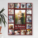 Familienfoto Collage 15   Name Red Buffalo Kariert Leinwanddruck<br><div class="desc">Zeigen Sie Ihre Lieblings- oder Hochzeitsfamilie mit dieser wunderschönen Collage-Kunst aus Foto in rotem Büffel kariert. Dieses Design besteht aus einem großen, senkrechten Foto, zwei kleineren vertikalen Fotos und 12 quadratischen Bildern im Instagram-Stil. Fügen Sie Ihren Namen in Weiß hinzu. Die Worte "Liebe - Glück" können auch wie besehen geändert...</div>