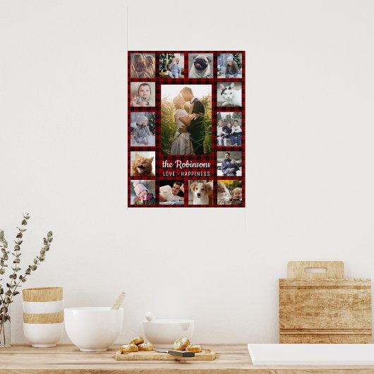 Familienfoto Collage 15 + Name Red Buffalo Kariert Poster (Küche)