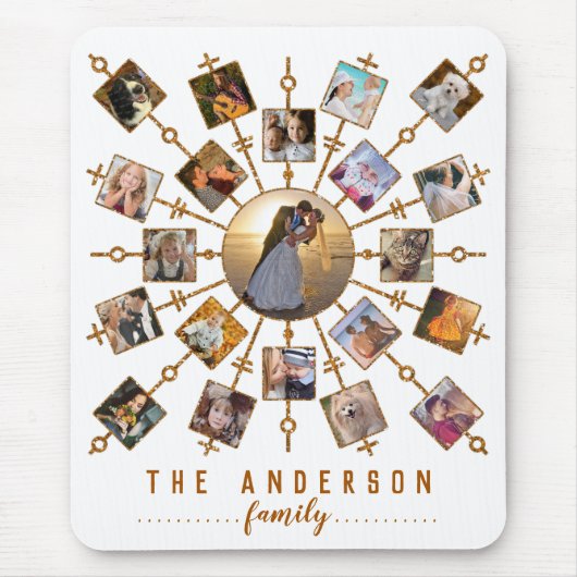 Familienfoto Collage 21 Bilder Weißes Gold + Name Mousepad (Vorne)