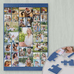 Familienfoto Collage 31 Picture Blue Puzzle<br><div class="desc">Puzzle für individuelle Fotos, mit 31 Ihrer Lieblingsfotos. Dieses lustige Puzzle hat eine dunkelblaue Hintergrundfarbenpalette - aber Sie können es gerne in beliebiger Farbe bearbeiten. Die Fotovorlage erstellt die Collage des Fotos und zeigt die hochgeladenen Bilder in verschiedenen Quadrat-, Landschafts- und Porträtformaten an. Dadurch können Sie Ihre Bilder flexibel platzieren....</div>