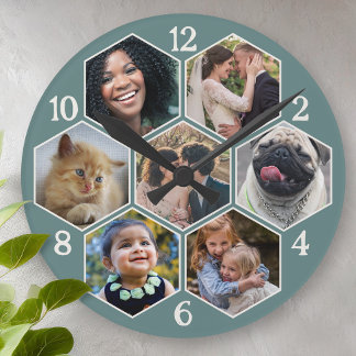 Familienfoto Collage 7 Custom Aquamarin Hexagon Bl Runde Wanduhr