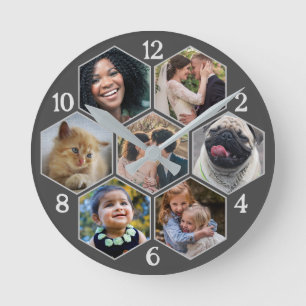 Familienfoto Collage 7 Custom Gray Hexagon Blume Runde Wanduhr