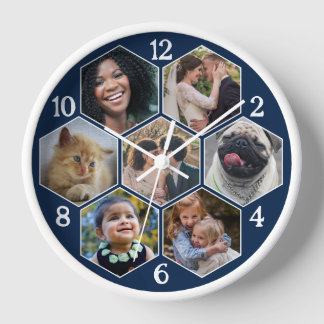 Familienfoto Collage 7 Custom Navy Hexagon Blume Uhr
