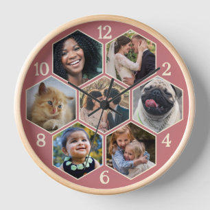 Familienfoto Collage 7 Custom Pink Hexagon Blume Uhr