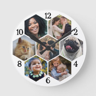Familienfoto Collage 7 Custom White Hexagon Blume Runde Wanduhr