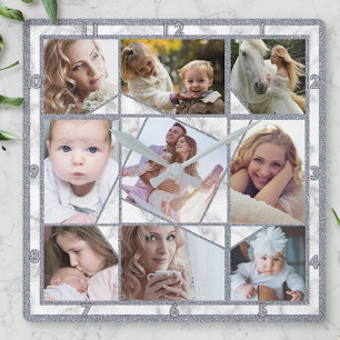 Familienfoto Collage 9 Instagram Bilder   Marmor Quadratische Wanduhr