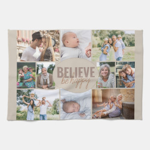 Familienfoto-Collage Believe Zitat Neutral Beige Geschirrtuch