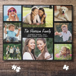 Familienfoto Collage Black Puzzle<br><div class="desc">Ein lustiges schwarzes Puzzle für Ihre Familienspielabende mit einer 8-Foto-Kollektion von Kindern,  Haustieren,  Erinnerungen,  etc.,  Ihrem Familiennamen in einem stilvollen weißen Drehbuch und Vornamen in der modernen weißen Typografie.</div>