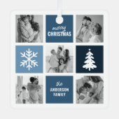 Familienfoto Collage Blue Christmas Ornament Aus Metall (Vorderseite)