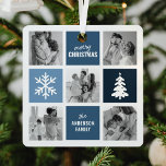 Familienfoto Collage Blue Christmas Ornament Aus Metall<br><div class="desc">Mit unseren modernen Baumschmuckstücken können Sie Ihre Erinnerungen zu Weihnachten zum Leben erwecken. Unsere einzigartige Collage-Vorlage für Fotos erlaubt es Ihnen, Ihr Ornament mit Ihren eigenen Bildern, eingebettet in stilvolle blaue Quadrate, einen wunderbar illustrierten Weihnachtsbaum und ein elegantes Schneeflockensymbol, zu gestalten. Machen Sie es sich mit unserer einfach zu bedienenden...</div>