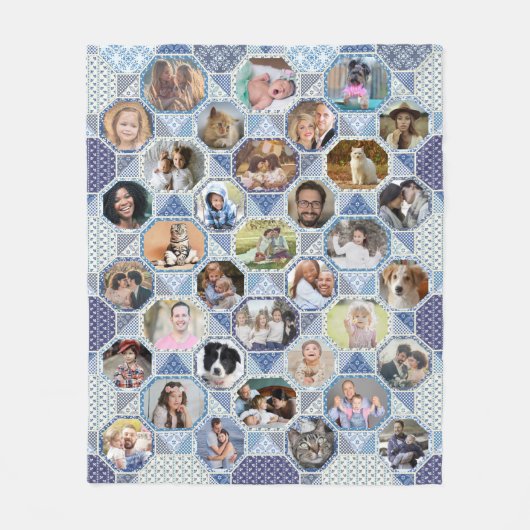 Familienfoto Collage Blue Quilt Look 35 Bilder lei Fleecedecke (Vorderseite)