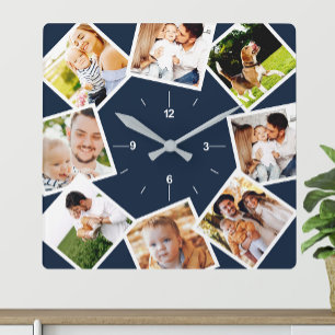 Familienfoto Collage Chic Blau und Weiß Quadratische Wanduhr